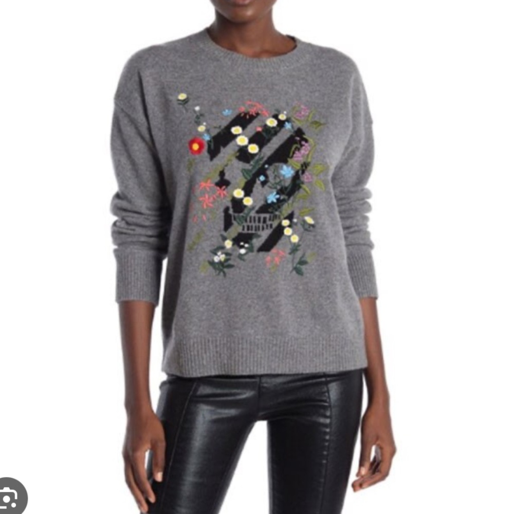 Skull Cashmere Aji Floral Embroidery 100% Cashmere Sweater Gray Women's Small